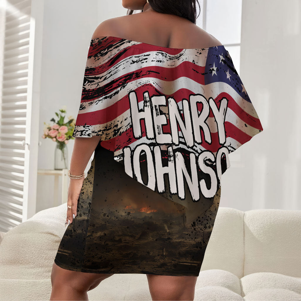 Henry Johnson Black History Month Off Shoulder Short Dress Distressed US Flag American Hero Portrait
