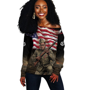 Henry Johnson Black History Month Off Shoulder Sweater Distressed US Flag American Hero Portrait