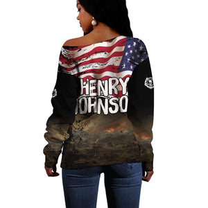 Henry Johnson Black History Month Off Shoulder Sweater Distressed US Flag American Hero Portrait