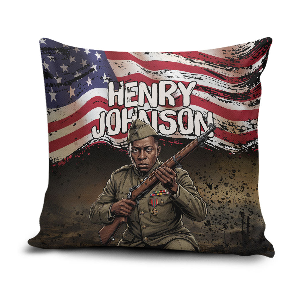Henry Johnson Black History Month Pillow Cover Distressed US Flag American Hero Portrait