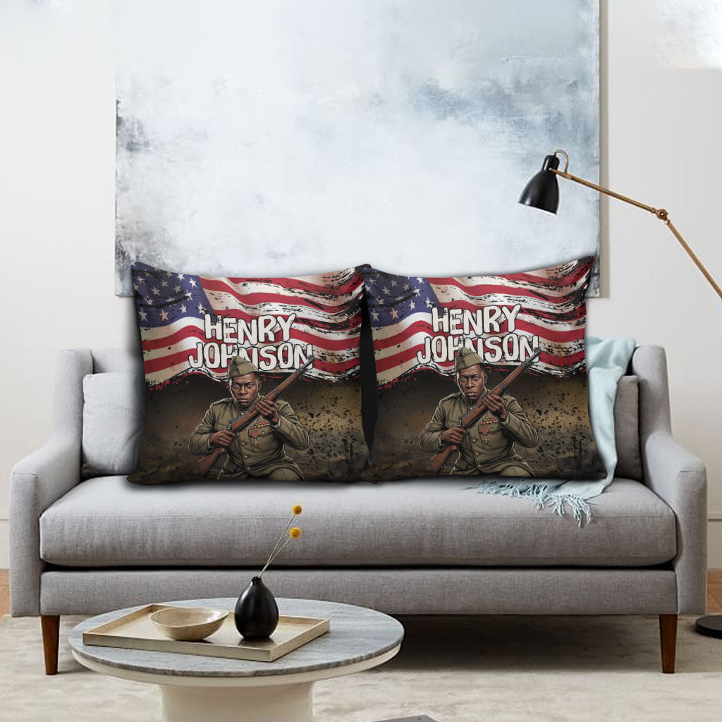 Henry Johnson Black History Month Pillow Cover Distressed US Flag American Hero Portrait