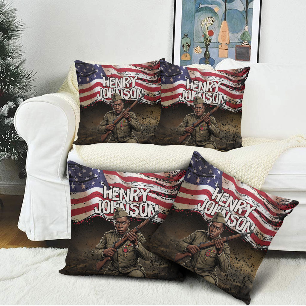 Henry Johnson Black History Month Pillow Cover Distressed US Flag American Hero Portrait