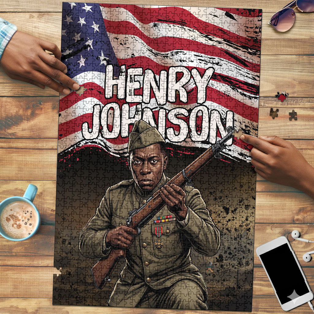 Henry Johnson Black History Month Puzzle Distressed US Flag American Hero Portrait