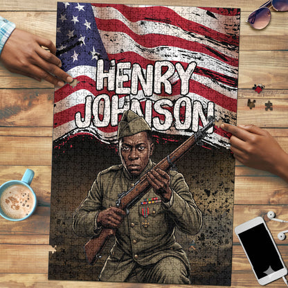 Henry Johnson Black History Month Puzzle Distressed US Flag American Hero Portrait