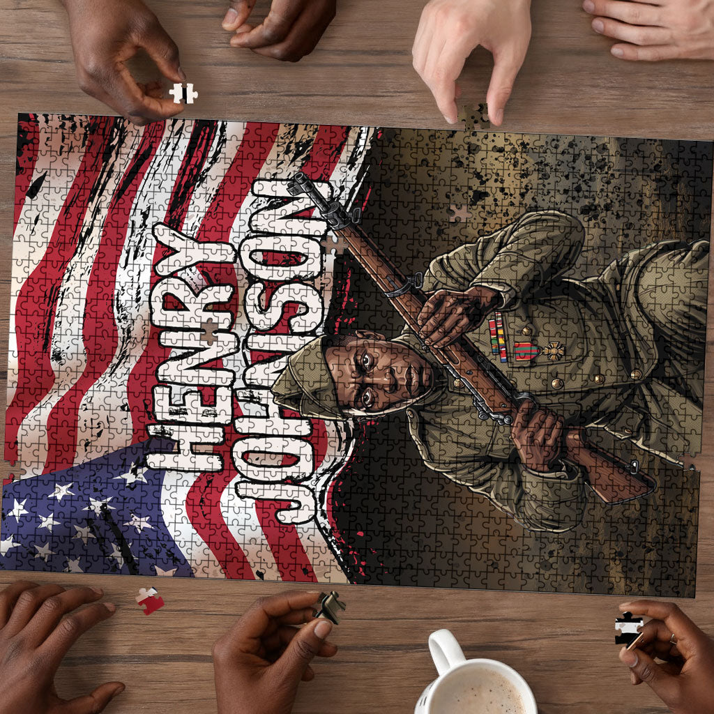 Henry Johnson Black History Month Puzzle Distressed US Flag American Hero Portrait