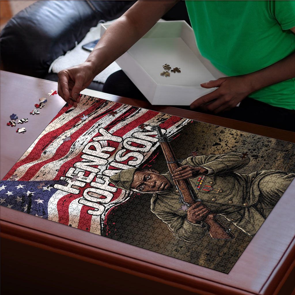 Henry Johnson Black History Month Puzzle Distressed US Flag American Hero Portrait