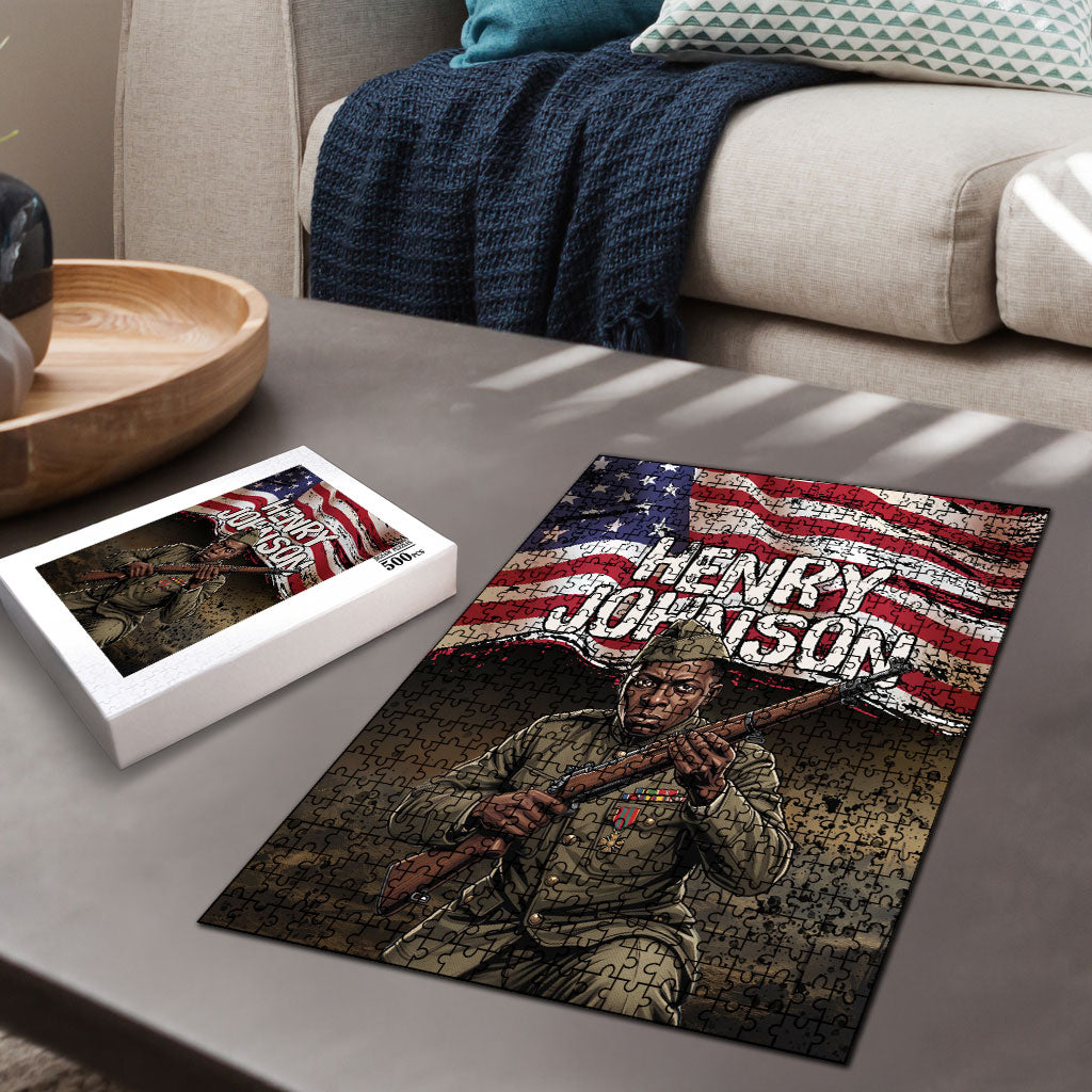 Henry Johnson Black History Month Puzzle Distressed US Flag American Hero Portrait