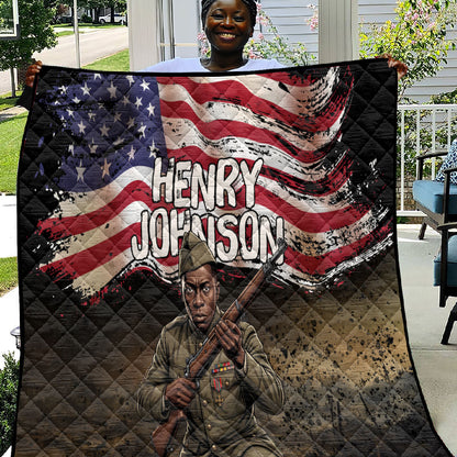 Henry Johnson Black History Month Quilt Distressed US Flag American Hero Portrait