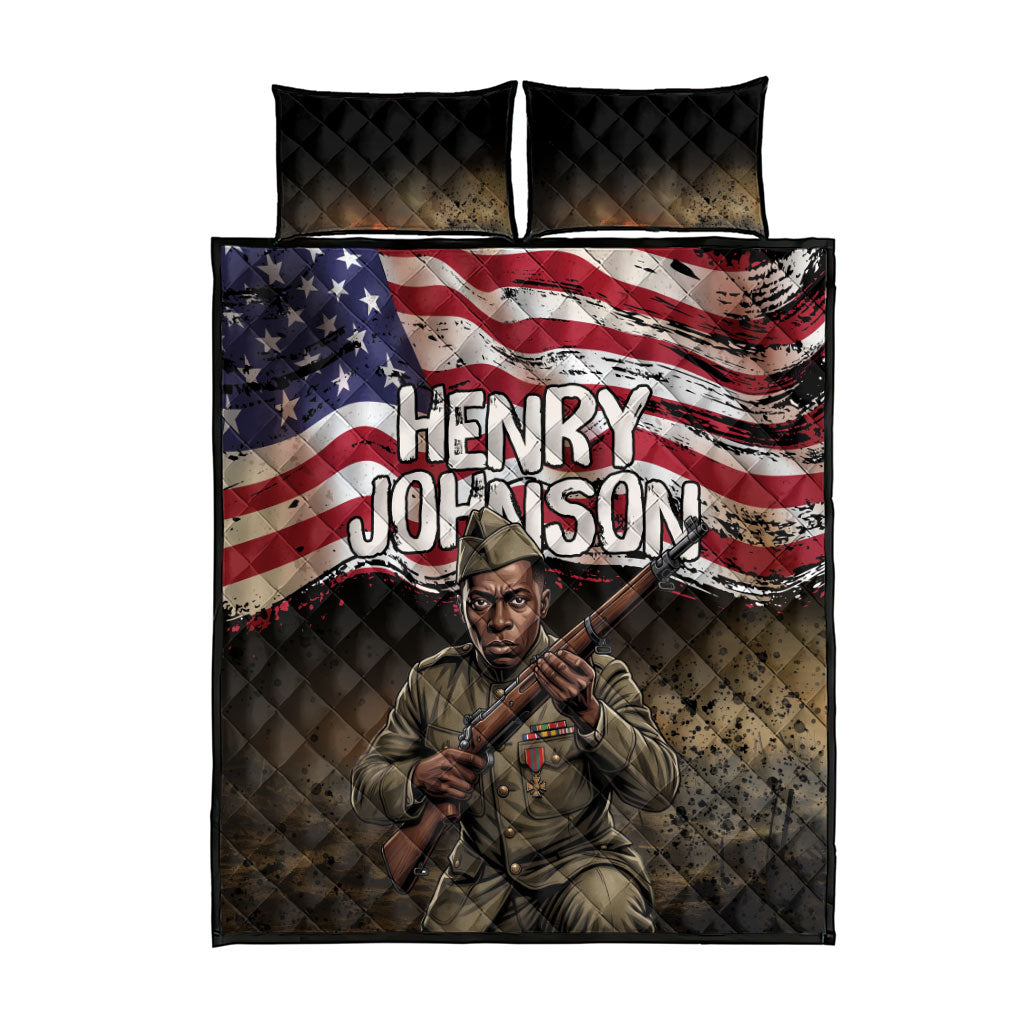 Henry Johnson Black History Month Quilt Bed Set Distressed US Flag American Hero Portrait