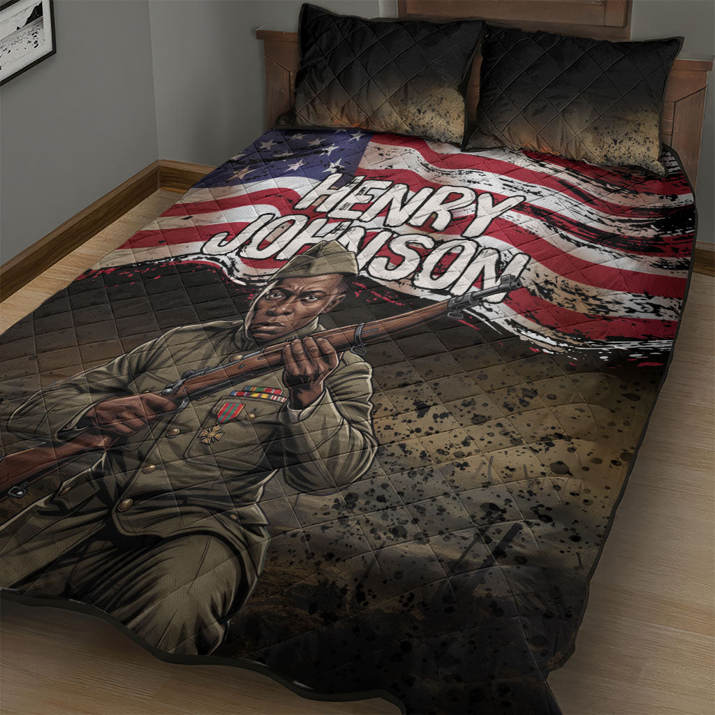 Henry Johnson Black History Month Quilt Bed Set Distressed US Flag American Hero Portrait