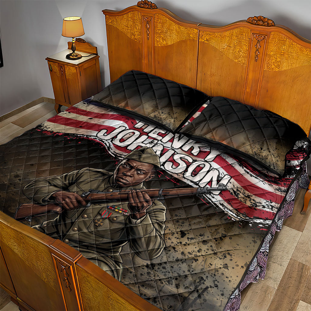 Henry Johnson Black History Month Quilt Bed Set Distressed US Flag American Hero Portrait
