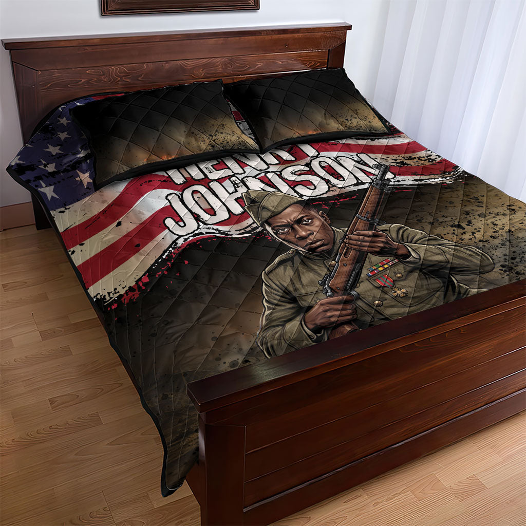 Henry Johnson Black History Month Quilt Bed Set Distressed US Flag American Hero Portrait