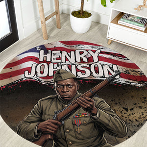 Henry Johnson Black History Month Round Carpet Distressed US Flag American Hero Portrait
