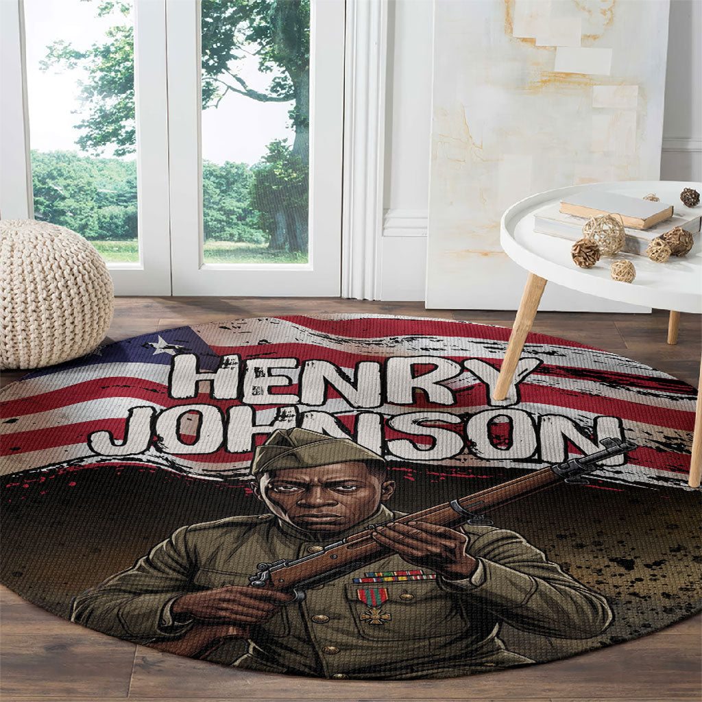Henry Johnson Black History Month Round Carpet Distressed US Flag American Hero Portrait