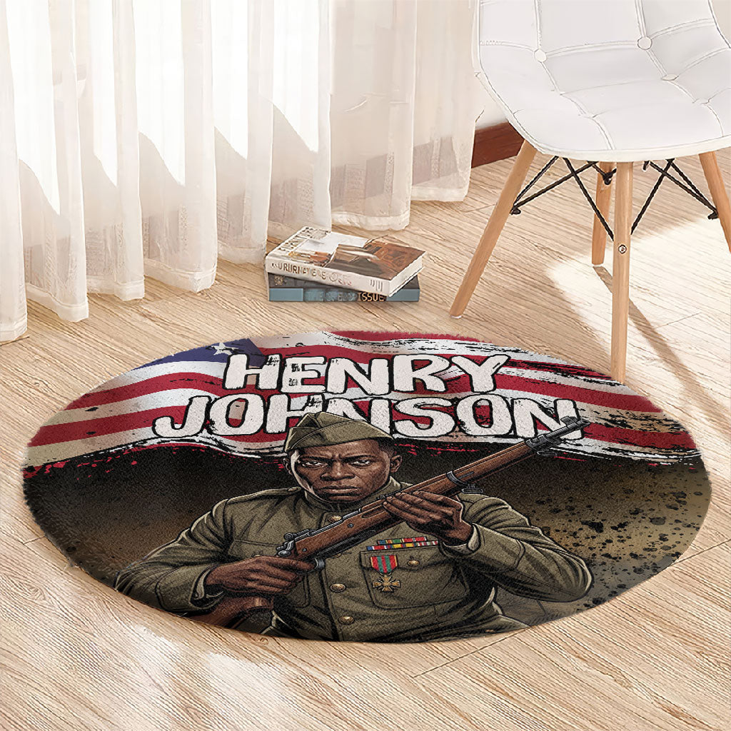 Henry Johnson Black History Month Round Carpet Distressed US Flag American Hero Portrait