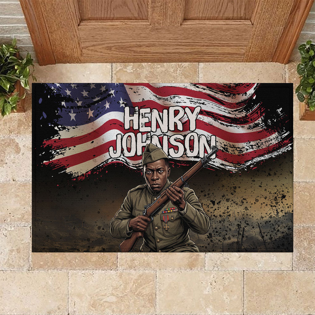 Henry Johnson Black History Month Rubber Doormat Distressed US Flag American Hero Portrait