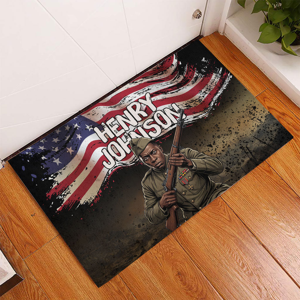 Henry Johnson Black History Month Rubber Doormat Distressed US Flag American Hero Portrait
