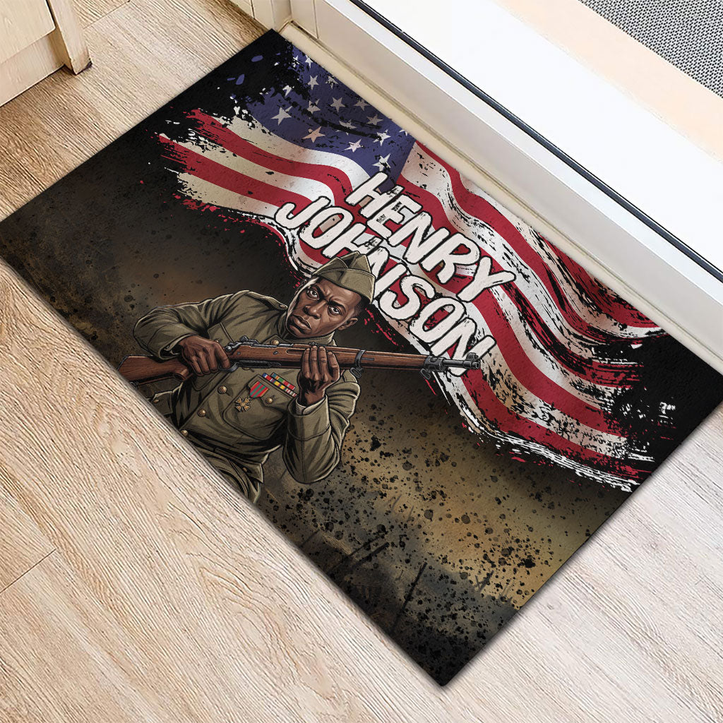 Henry Johnson Black History Month Rubber Doormat Distressed US Flag American Hero Portrait