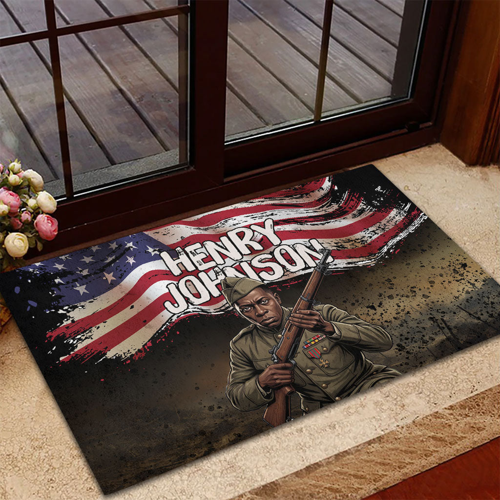 Henry Johnson Black History Month Rubber Doormat Distressed US Flag American Hero Portrait