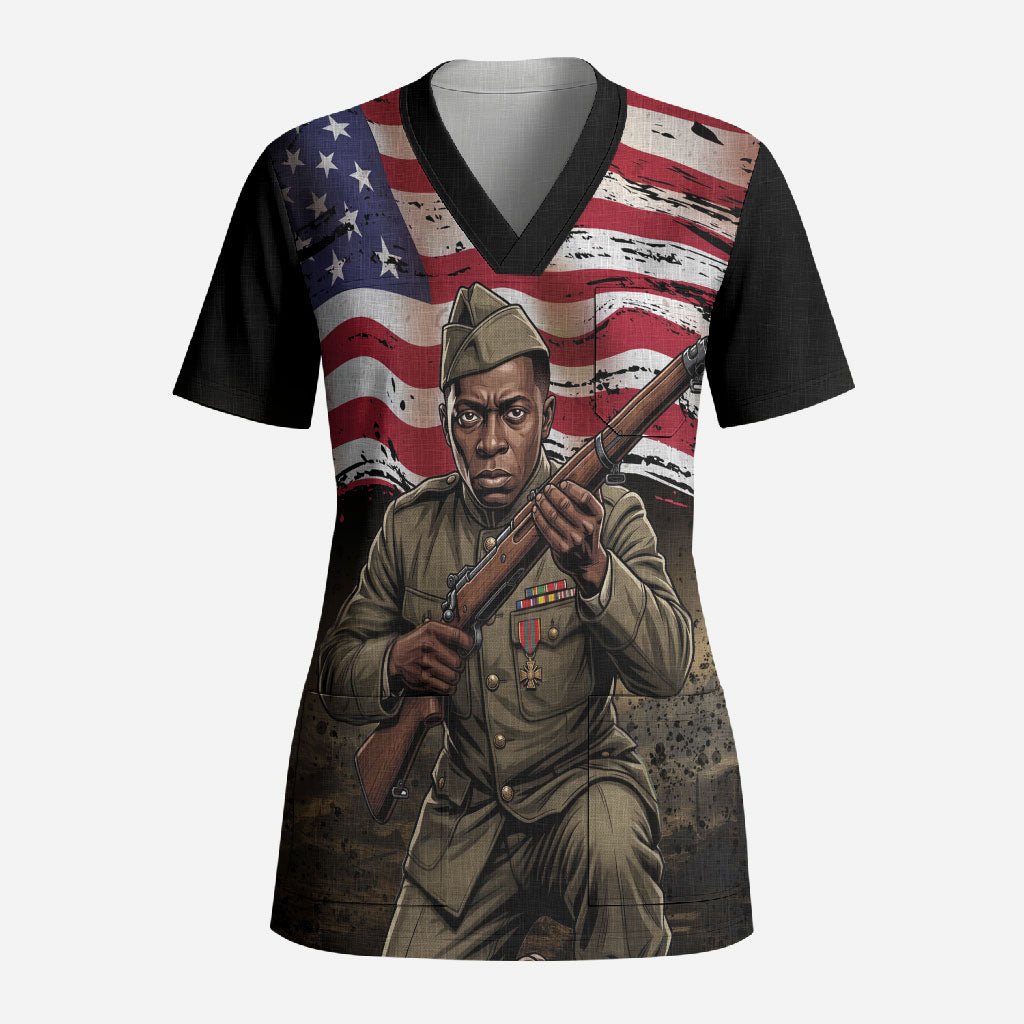Henry Johnson Black History Month Scrub Top Distressed US Flag American Hero Portrait