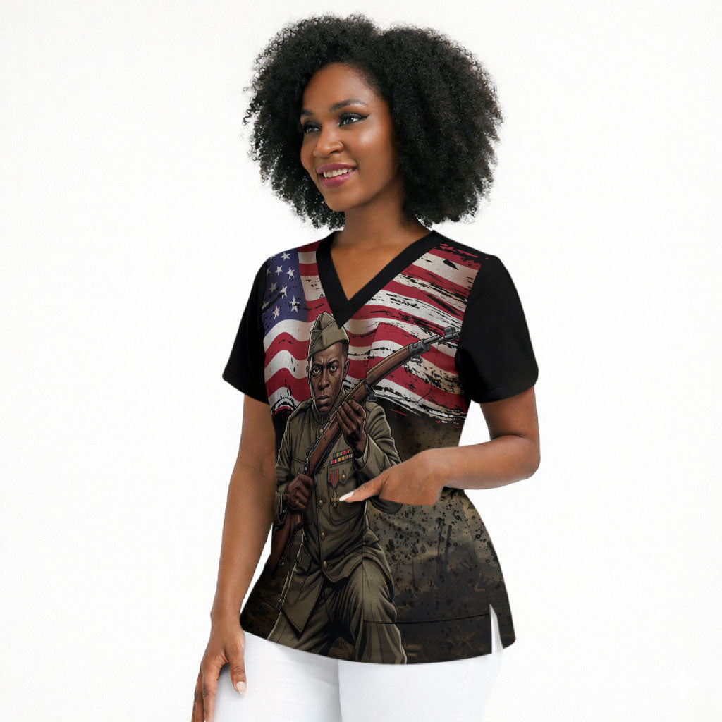 Henry Johnson Black History Month Scrub Top Distressed US Flag American Hero Portrait