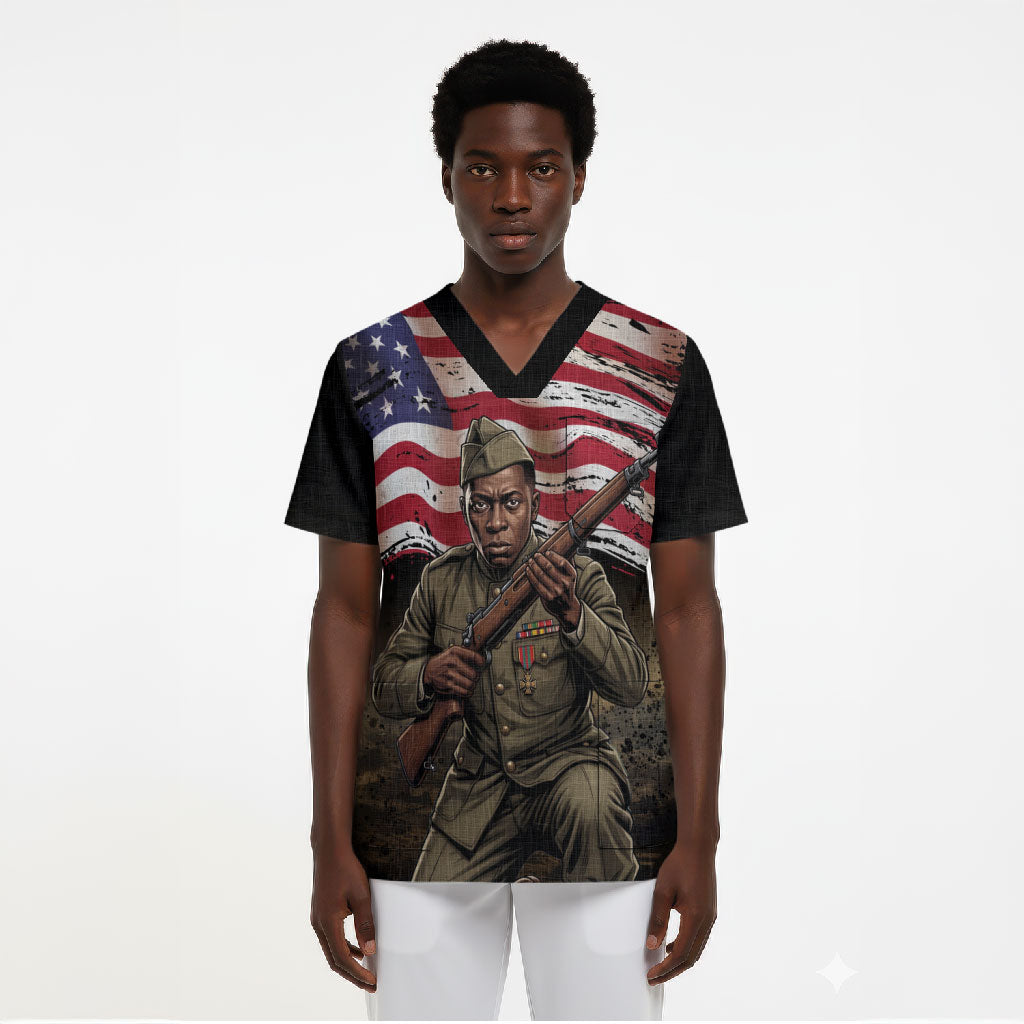 Henry Johnson Black History Month Scrub Top Distressed US Flag American Hero Portrait