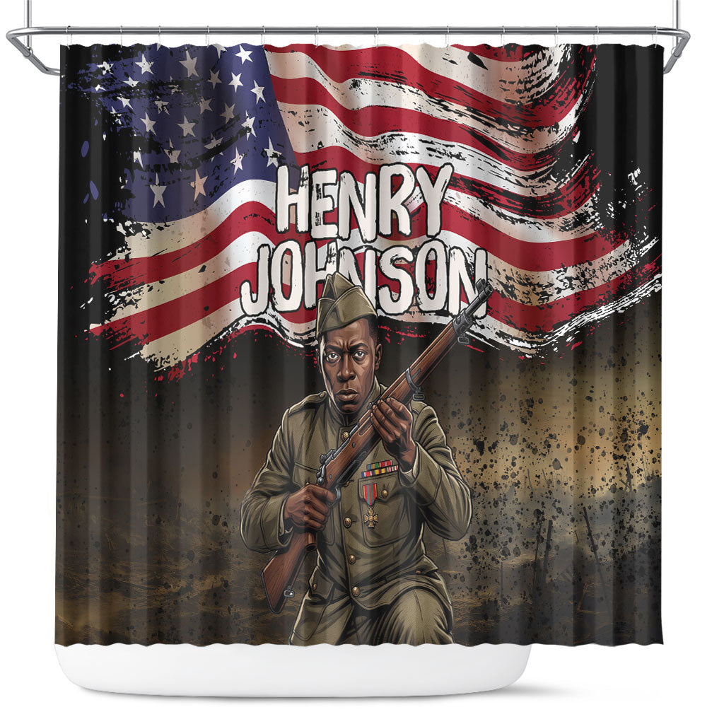 Henry Johnson Black History Month Shower Curtain Distressed US Flag American Hero Portrait