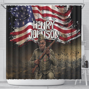 Henry Johnson Black History Month Shower Curtain Distressed US Flag American Hero Portrait