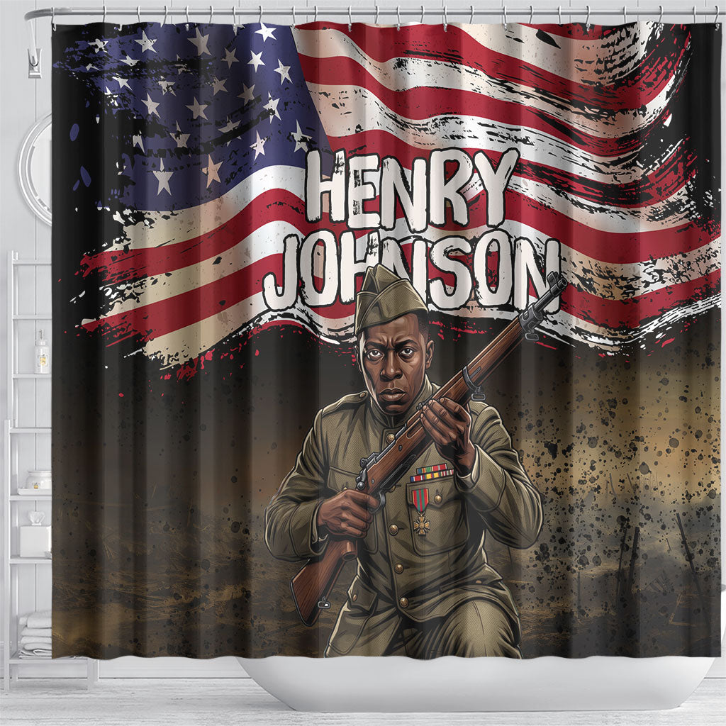 Henry Johnson Black History Month Shower Curtain Distressed US Flag American Hero Portrait