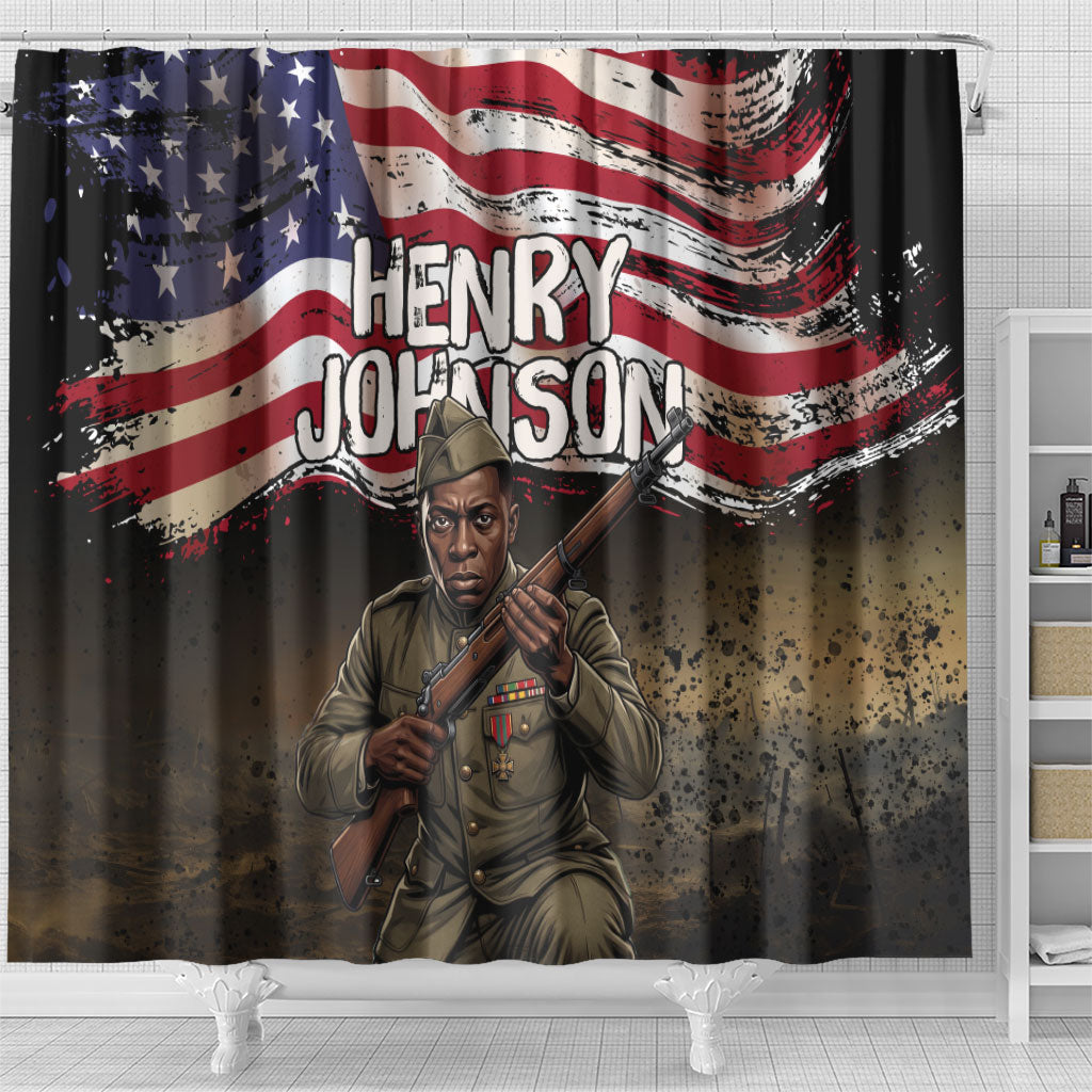 Henry Johnson Black History Month Shower Curtain Distressed US Flag American Hero Portrait