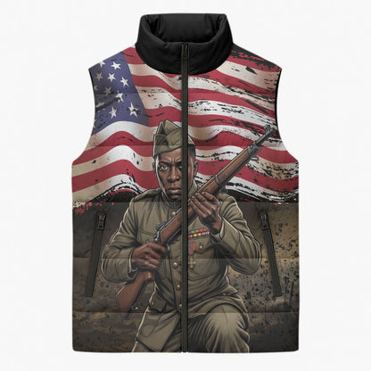 Henry Johnson Black History Month Sleeveless Puffer Jacket Distressed US Flag American Hero Portrait