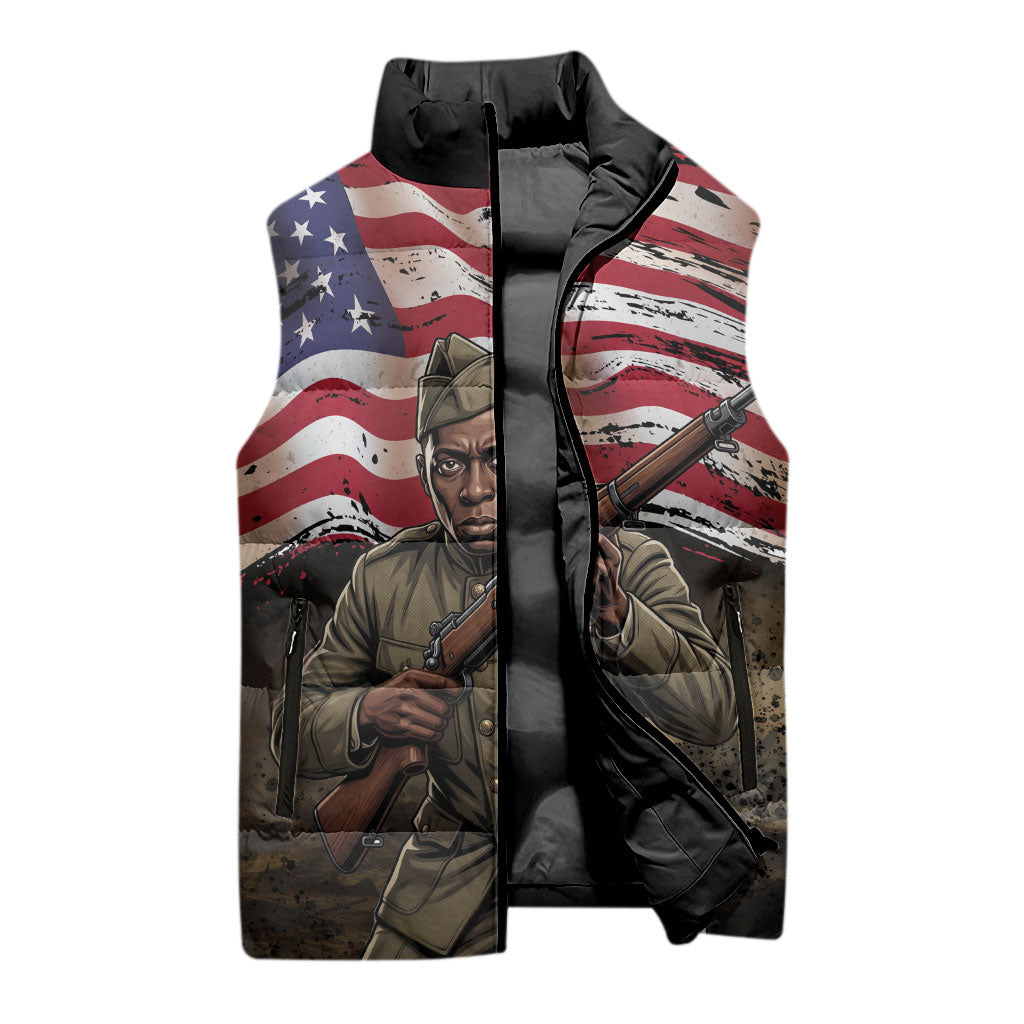 Henry Johnson Black History Month Sleeveless Puffer Jacket Distressed US Flag American Hero Portrait