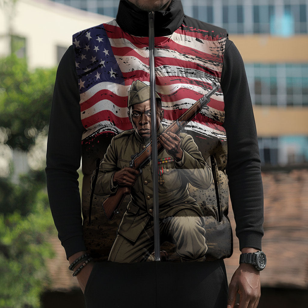 Henry Johnson Black History Month Sleeveless Puffer Jacket Distressed US Flag American Hero Portrait