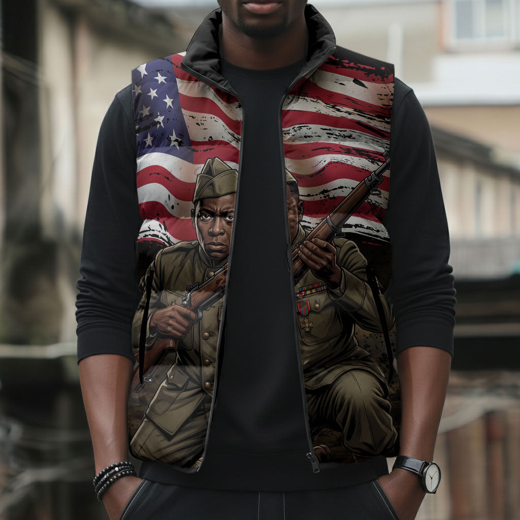 Henry Johnson Black History Month Sleeveless Puffer Jacket Distressed US Flag American Hero Portrait