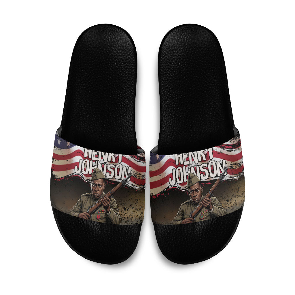 Henry Johnson Black History Month Slide Sandals Distressed US Flag American Hero Portrait