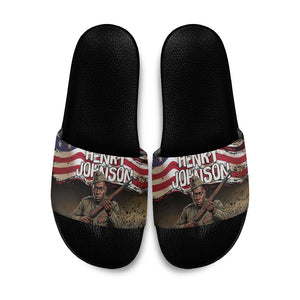 Henry Johnson Black History Month Slide Sandals Distressed US Flag American Hero Portrait