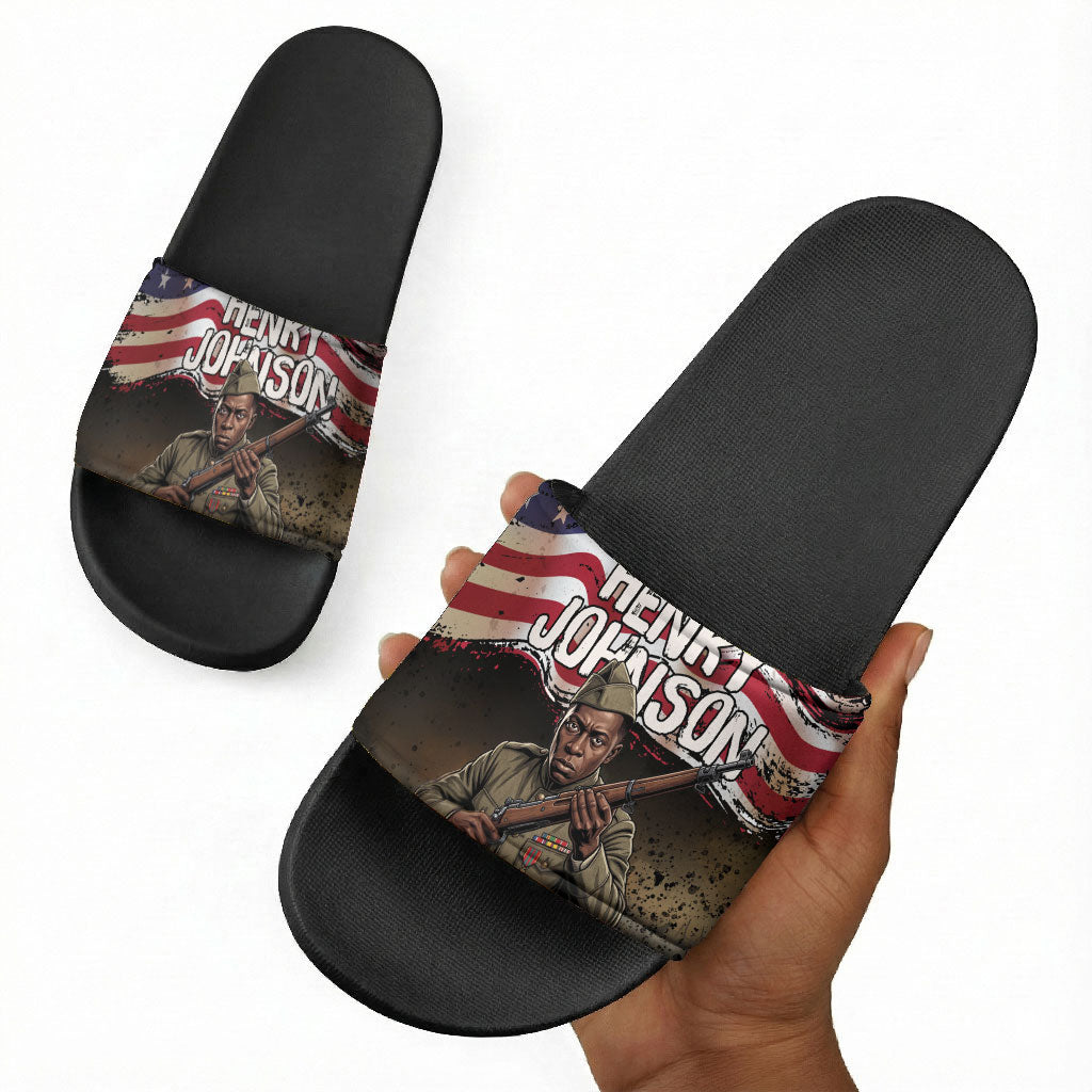 Henry Johnson Black History Month Slide Sandals Distressed US Flag American Hero Portrait