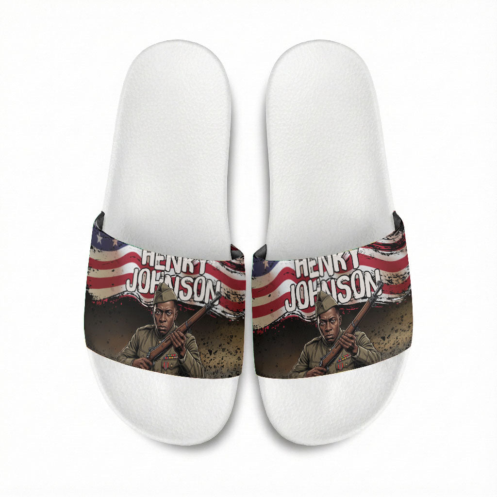 Henry Johnson Black History Month Slide Sandals Distressed US Flag American Hero Portrait