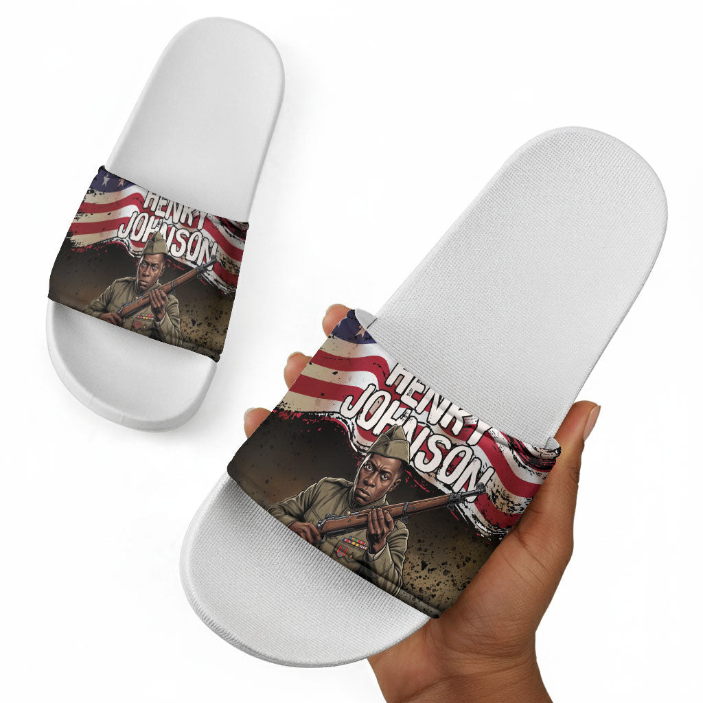 Henry Johnson Black History Month Slide Sandals Distressed US Flag American Hero Portrait