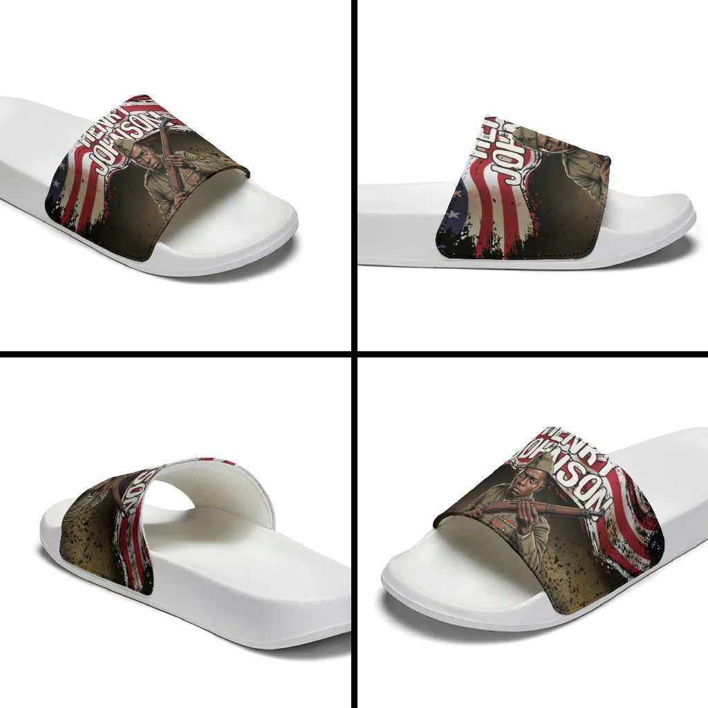 Henry Johnson Black History Month Slide Sandals Distressed US Flag American Hero Portrait