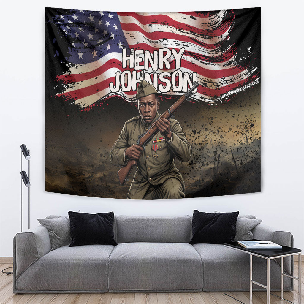 Henry Johnson Black History Month Tapestry Distressed US Flag American Hero Portrait