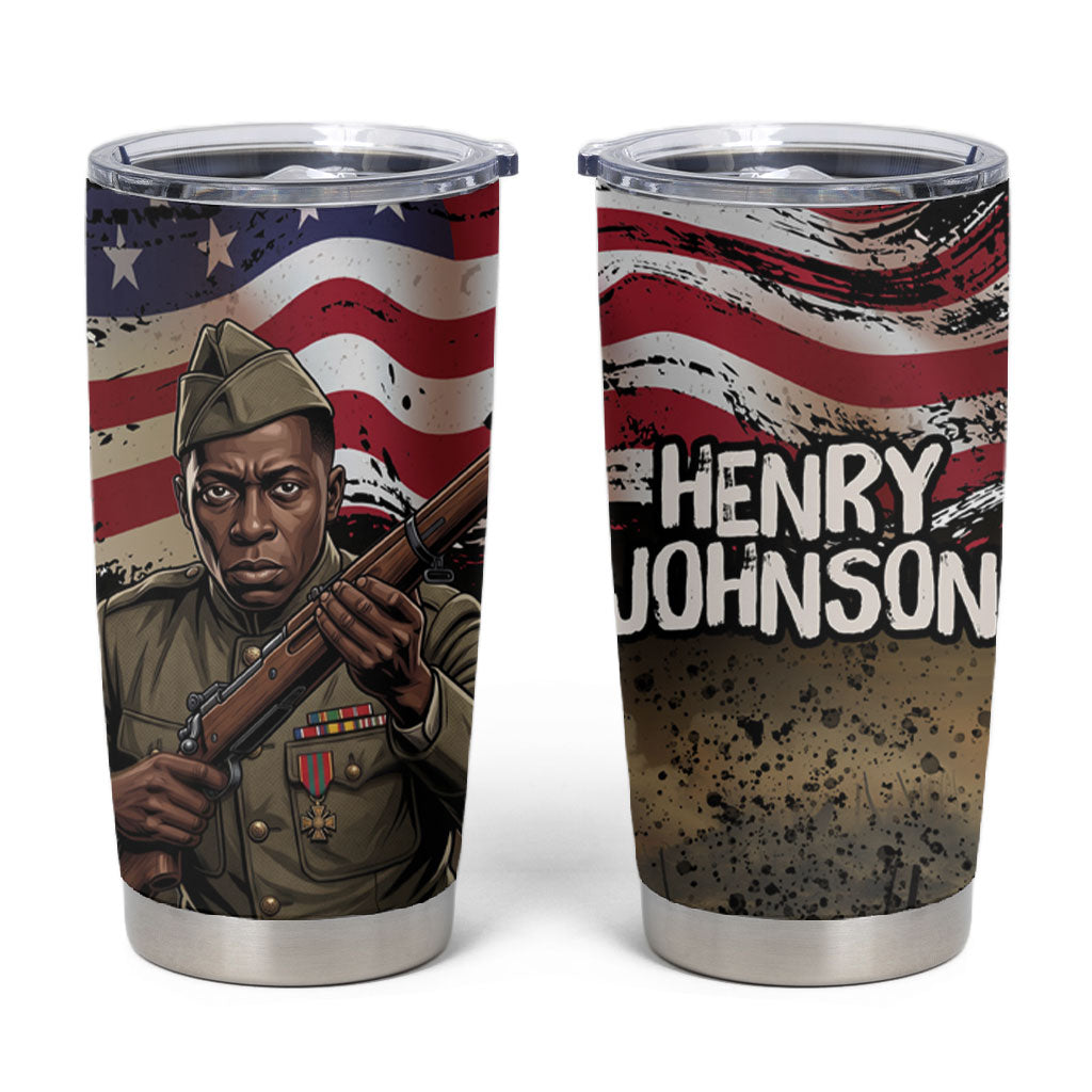 Henry Johnson Black History Month Tumbler Cup Distressed US Flag American Hero Portrait