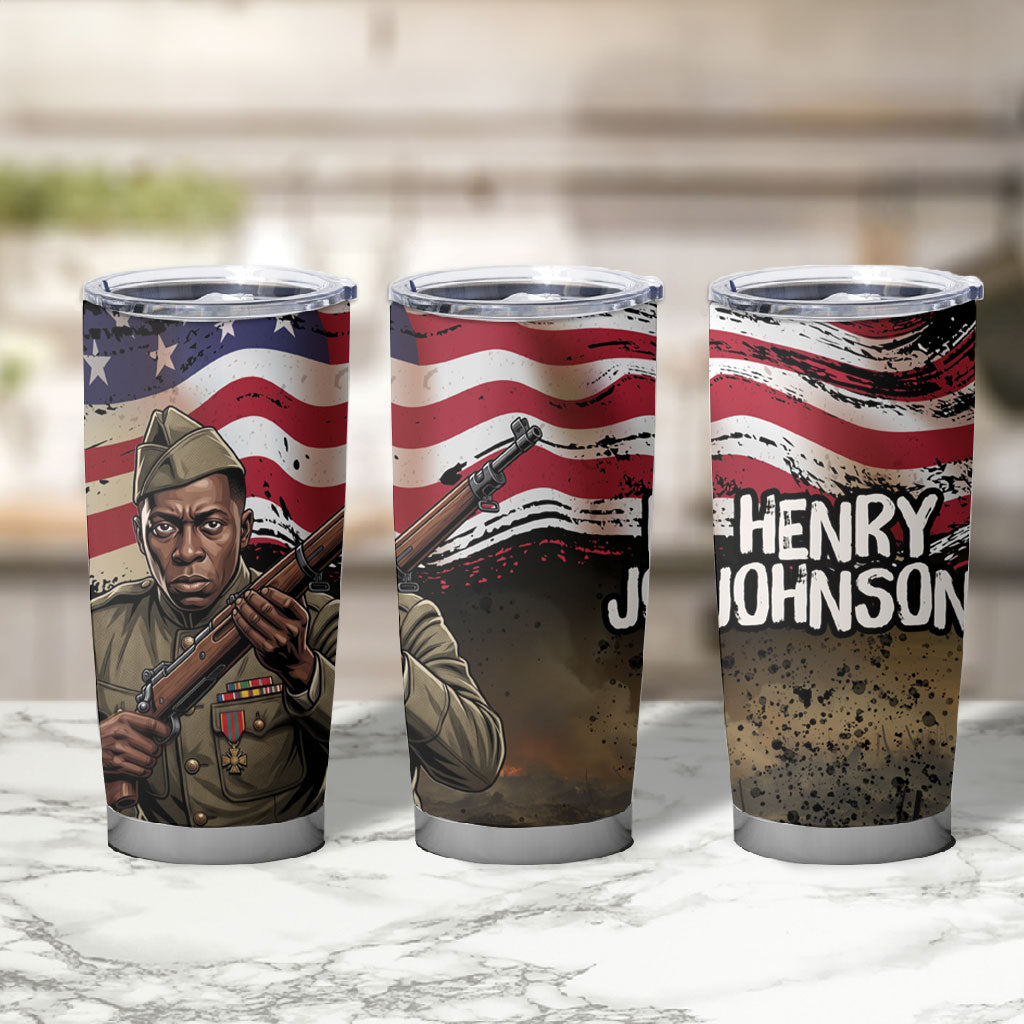 Henry Johnson Black History Month Tumbler Cup Distressed US Flag American Hero Portrait