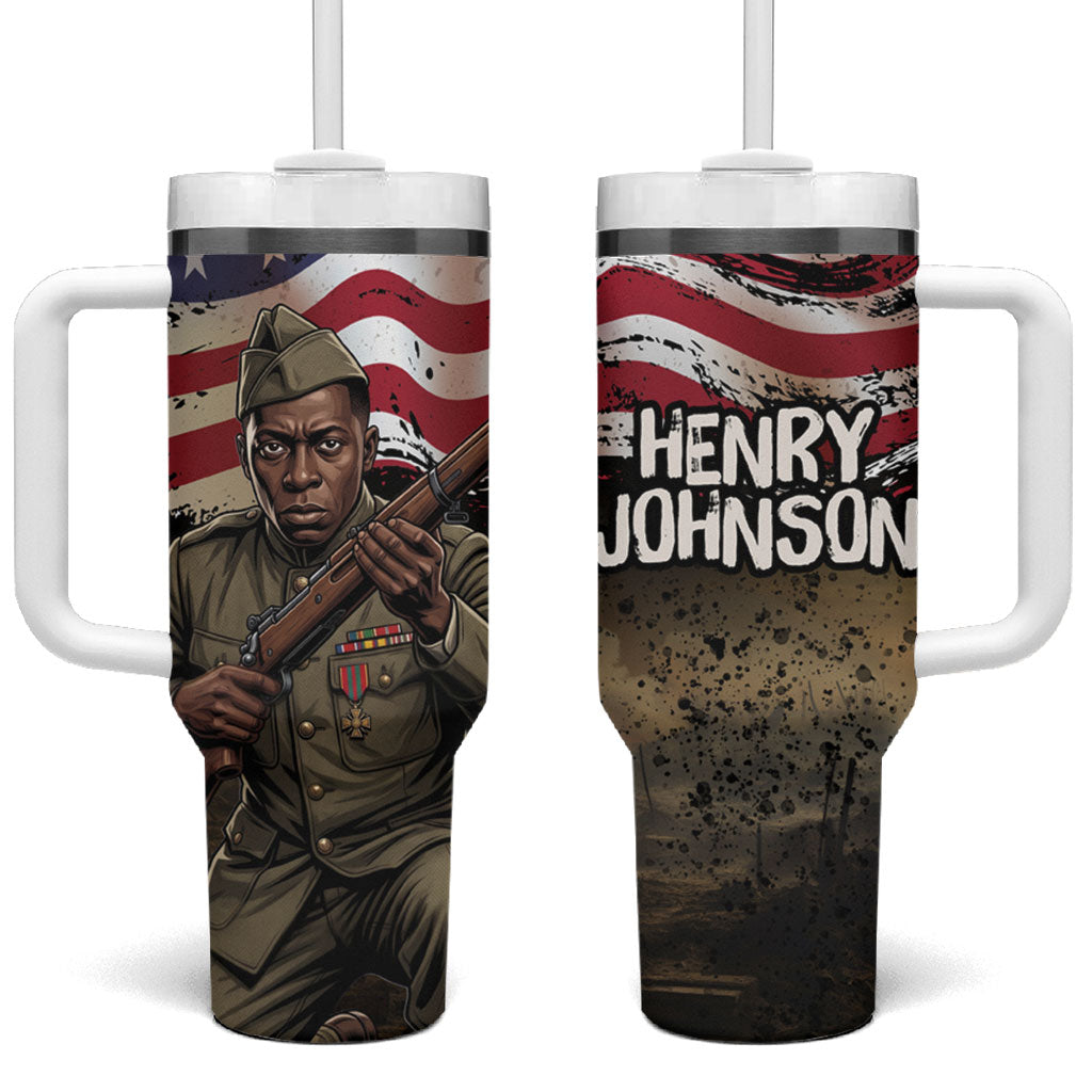 Henry Johnson Black History Month Tumbler With Handle Distressed US Flag American Hero Portrait