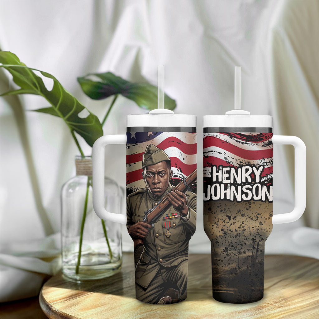 Henry Johnson Black History Month Tumbler With Handle Distressed US Flag American Hero Portrait