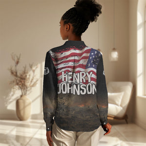 Henry Johnson Black History Month Women Casual Shirt Distressed US Flag American Hero Portrait