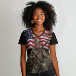 Henry Johnson Black History Month Women V-Neck T-Shirt Distressed US Flag American Hero Portrait
