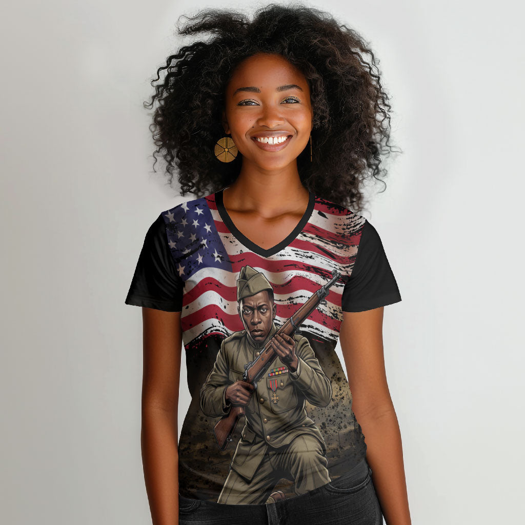 Henry Johnson Black History Month Women V-Neck T-Shirt Distressed US Flag American Hero Portrait