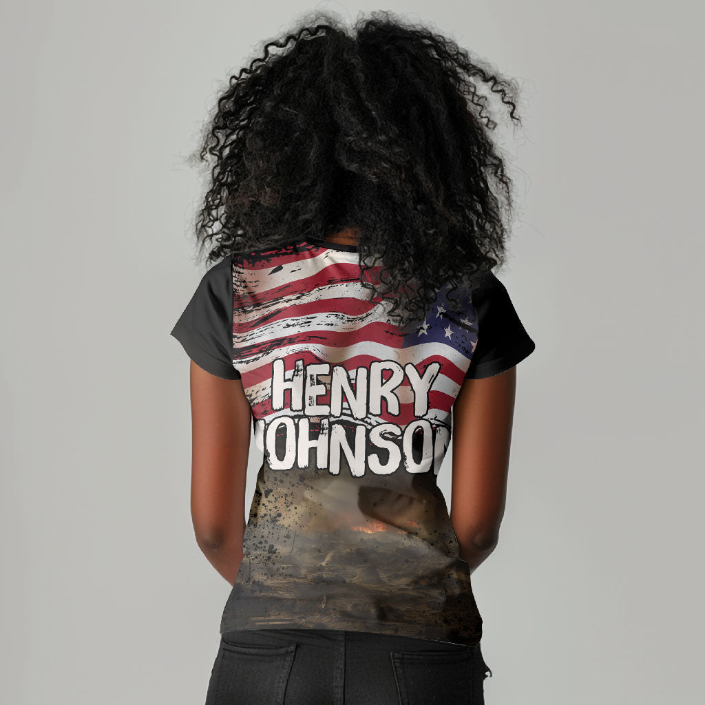 Henry Johnson Black History Month Women V-Neck T-Shirt Distressed US Flag American Hero Portrait