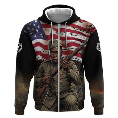Henry Johnson Black History Month Zip Hoodie Distressed US Flag American Hero Portrait